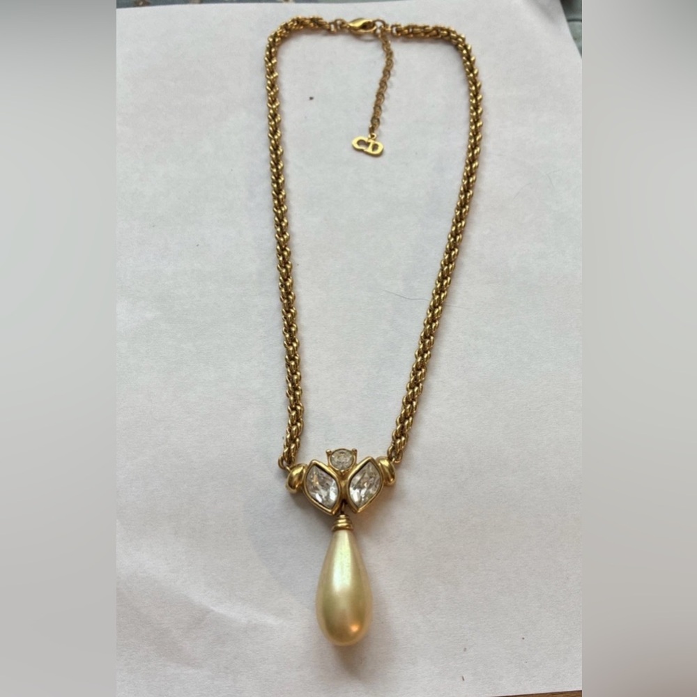 Vintage Christian Dior Marquise Rhinestone Pearl Drop Dangle Gold Chain Necklace - Picture 4 of 12